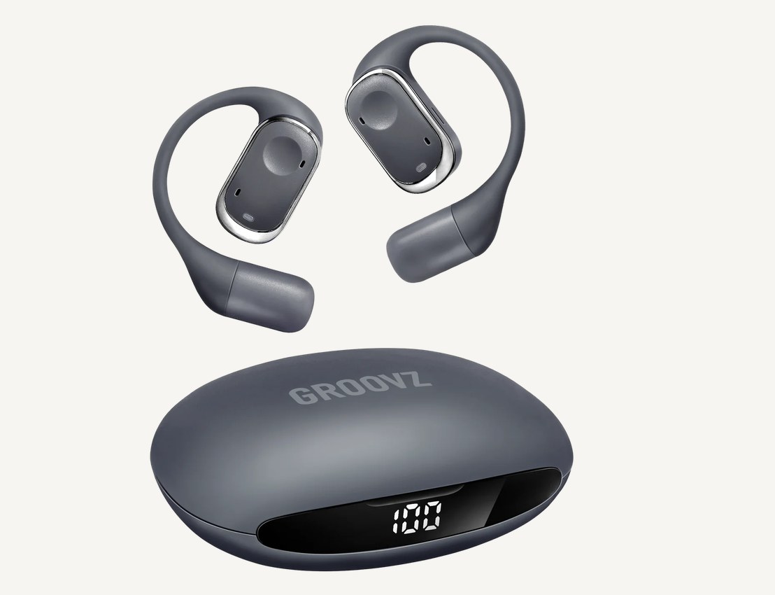 Groovz grey open-ear headphones and charging case