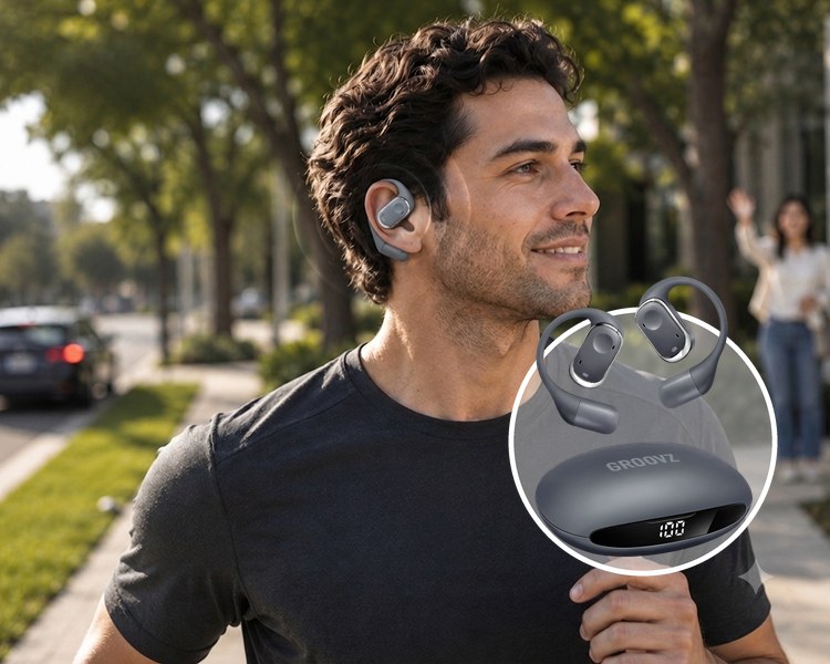 Man wearing Groovz open-ear headphones outdoors