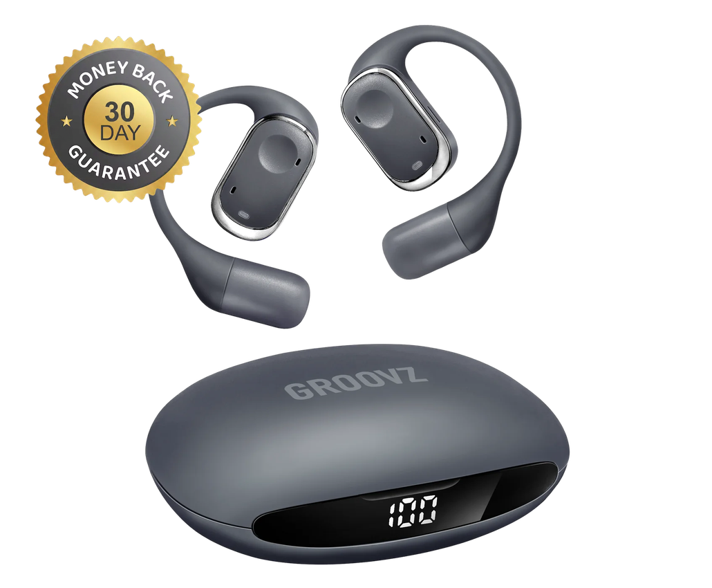 Groovz Plus Open-Ear in grey with a 30-day money-back guarantee seal