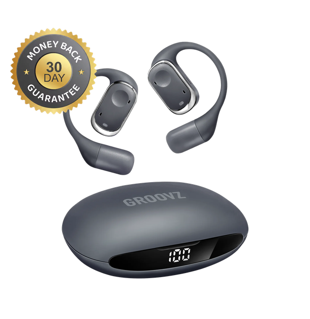 Groovz Plus Open-Ear in grey with a 30-day money-back guarantee seal