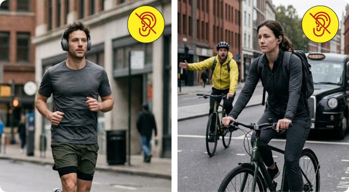 A runner and a cyclist in city traffic, both wearing sealed earbuds, unaware of the danger around them