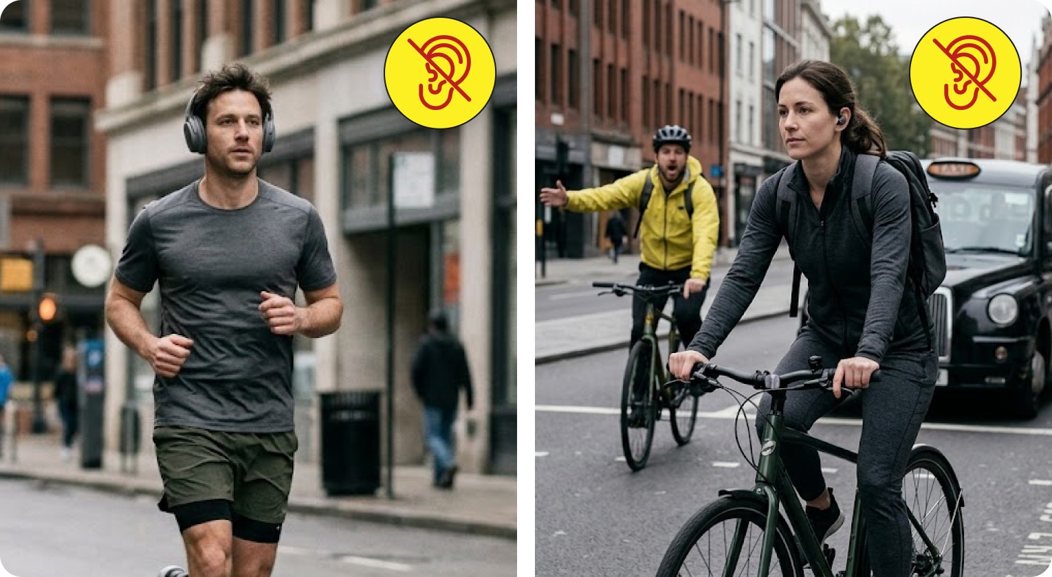 A runner and a cyclist in city traffic, both wearing sealed earbuds, unaware of the danger around them