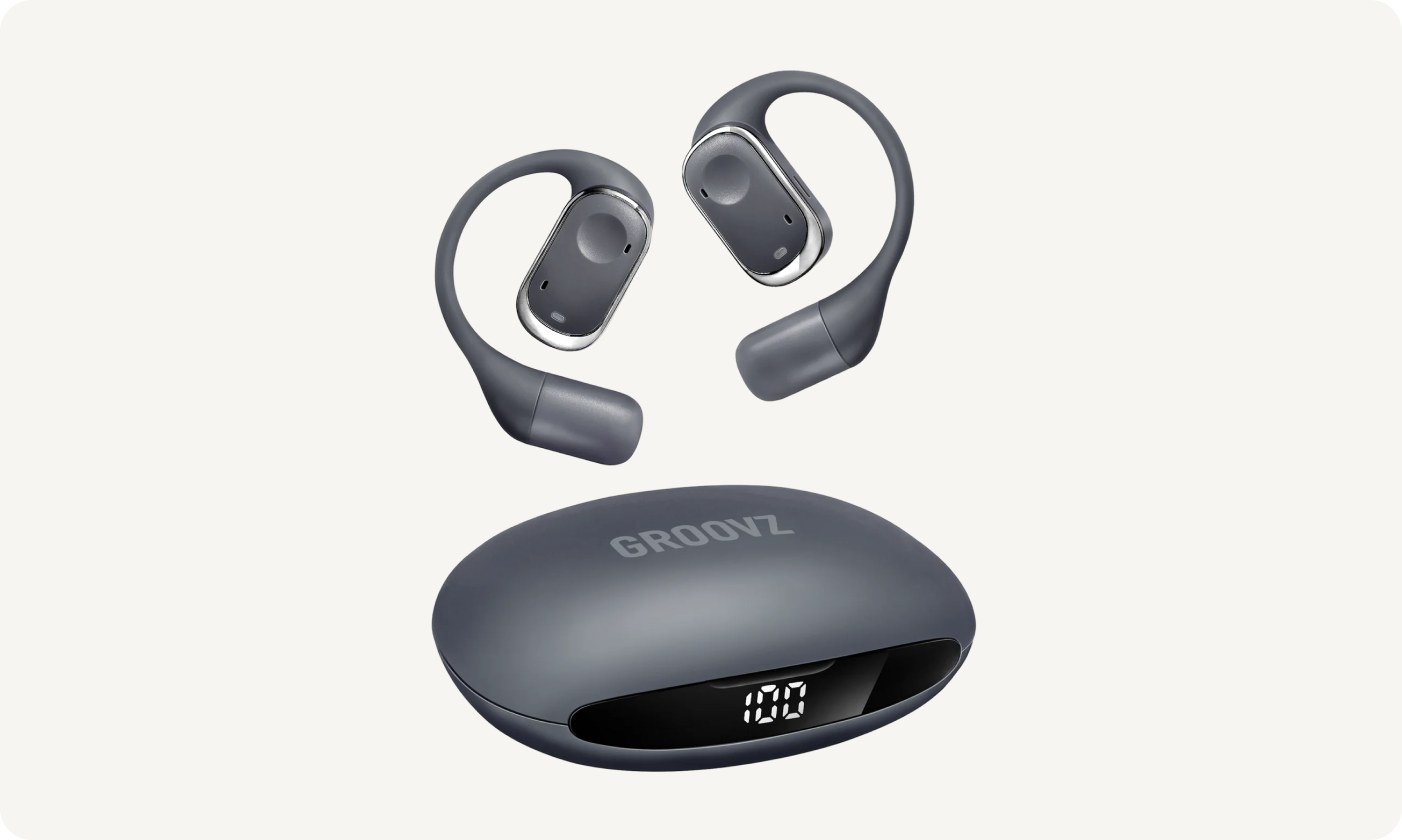 Groovz Plus Open-Ear in grey with its charging case