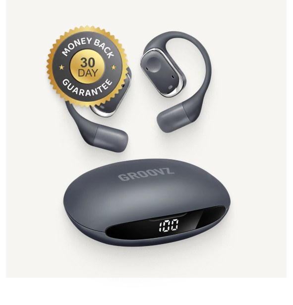 Groovz Plus Open-Ear in grey with a 30-day money-back guarantee seal