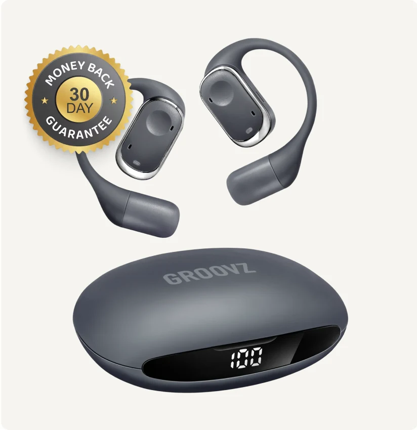 Groovz Plus Open-Ear in grey with a 30-day money-back guarantee seal