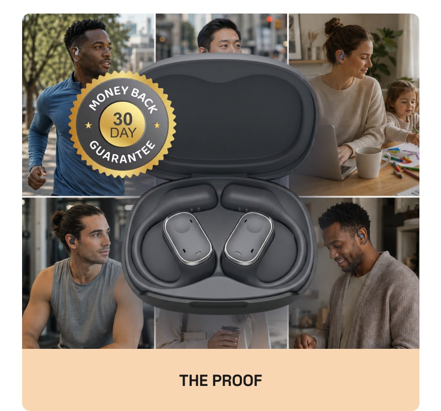 Grid of real customers wearing the Groovz Plus in grey, with a 30-day money-back seal