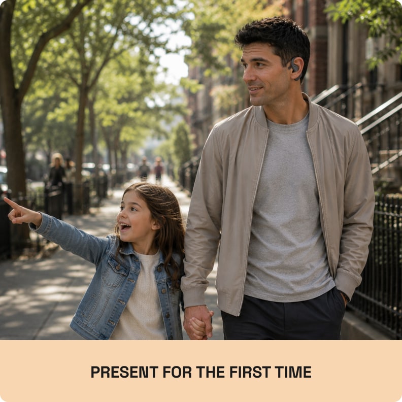 Father walking with his daughter, staying in the conversation while wearing the Groovz Plus in grey