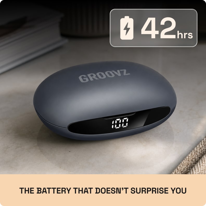 Groovz Plus charging case in grey showing 42 hours of battery on its display